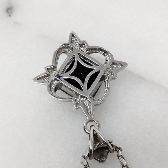 New large stainless steel chain pendant necklace men faux black onyx - Picture 3 of 5